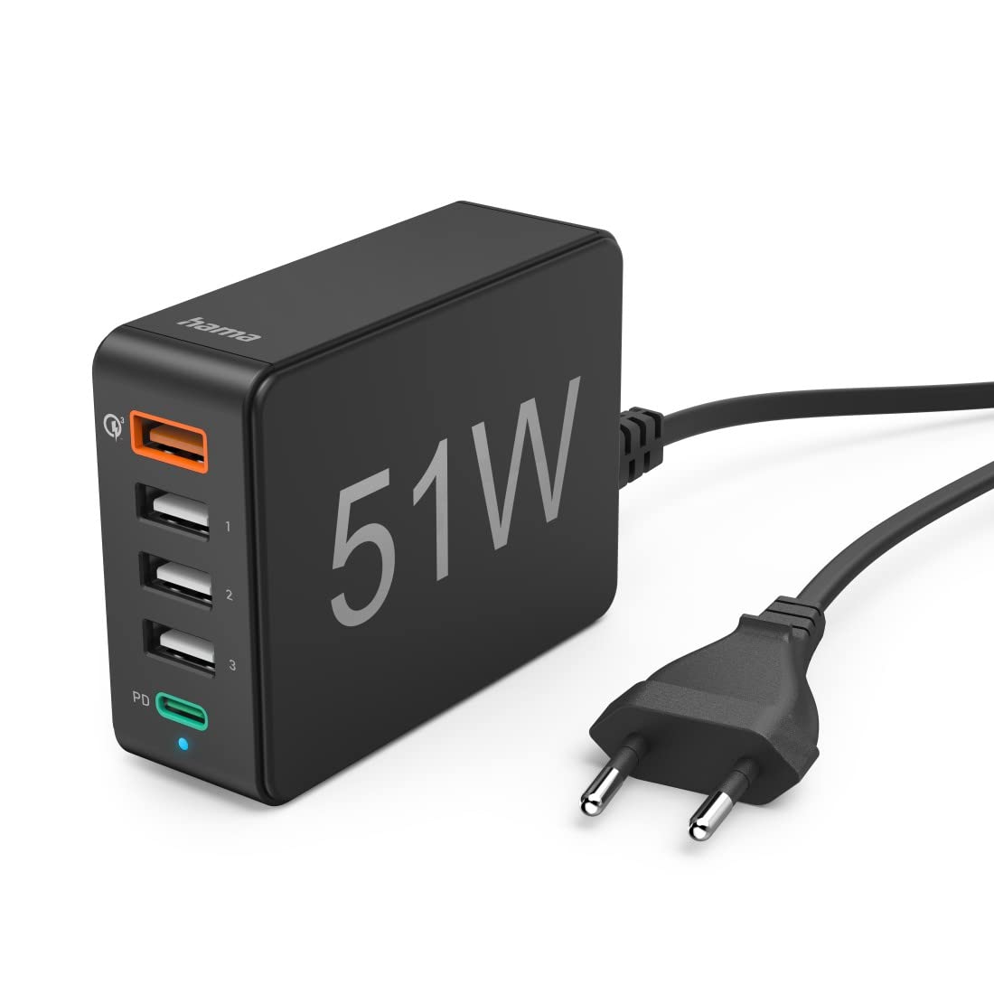 HAMA | Cargador de 5 Puertos y 51W (Cargador USB con 5 Puertos para Cargar 5 Dispositivos, Carga Rápida,