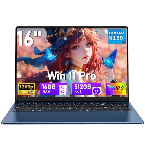 Image of Gaming Laptop Computer, 16 Inch Lap Top 2026 Window 11 Pro 16GB RAM 512GB SSD, N150 (Up to 3.6GHz), Backlit Keyboard, FHD 1920 * 1200 Screen, Office 365, 6000mAh, WiFi 5 BT 4.2, UHD Graphics