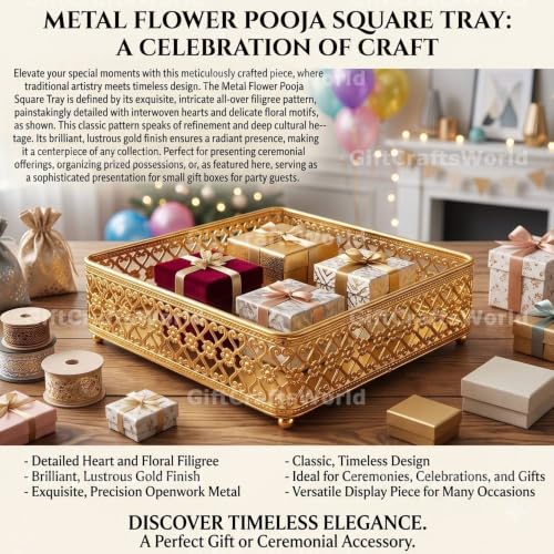 Image of Multipurpose Metal Basket For Gift Hamper, Pooja Temple Storage With Sturdy Handle, Decorative Flower Organizer & Versatile Puja Utility Accessories Home Decoration (Square Tary)