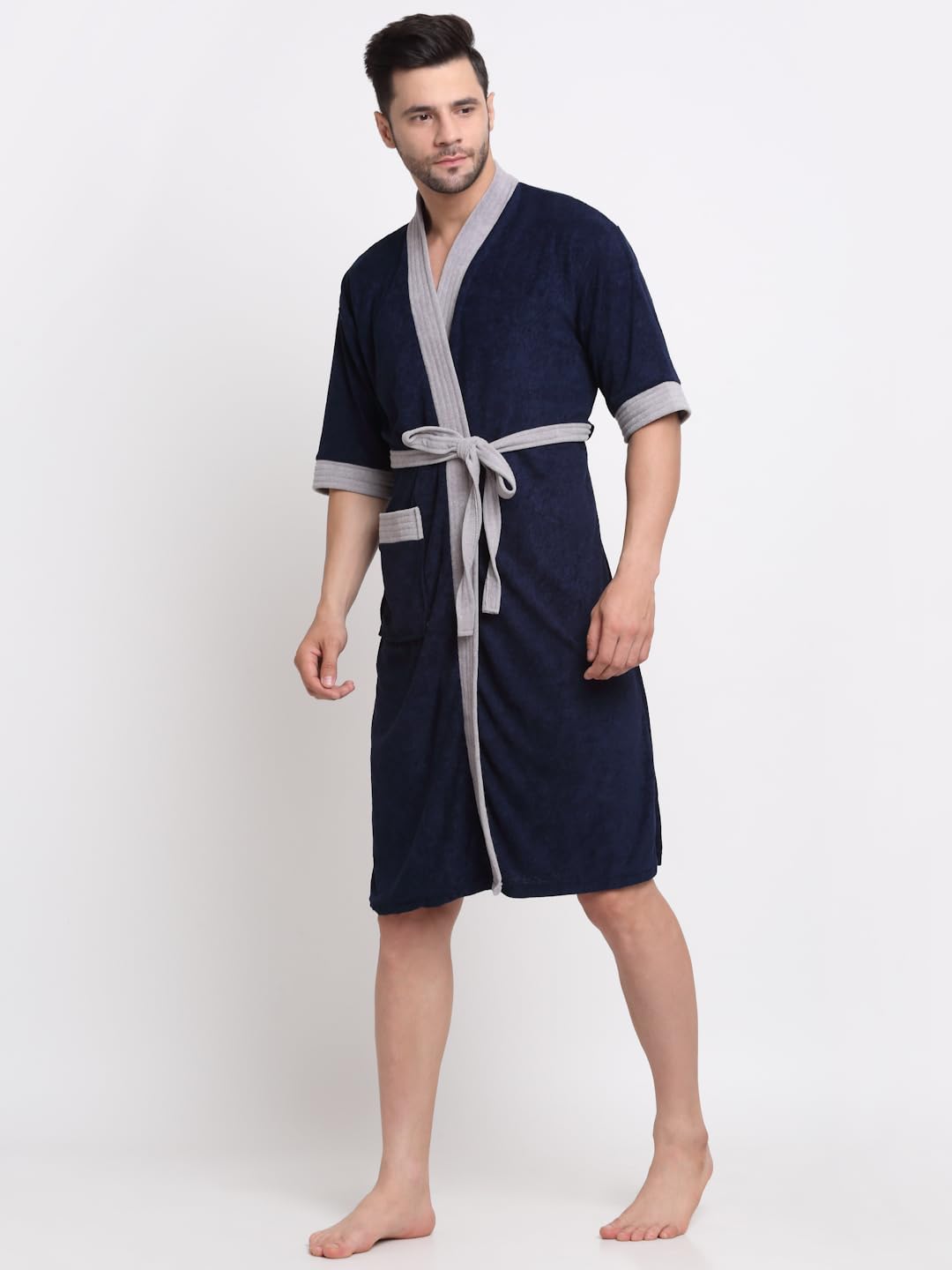 CREEVA Everyday Unisex Micro Terry Bathrobe Collection With kimono collar and 1 Pocket, 3/4 Sleeve Bath Robe Super Soft Light Weight - Navy & Grey - Image 3 thumbnail