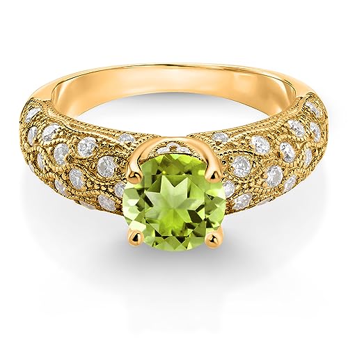 Gem Stone King 18K Yellow Gold Plated Silver Green Peridot and White Moissanite Engagement Ring For Women (1.79 Cttw, Round 7MM, Gemstone August Birthstone, Available In Size 5, 6, 7, 8, 9)2