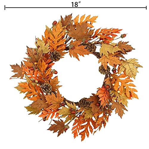 Artificial Fall Wreath Autumn Wreath Thanksgiving Wreath With Wooden Maple Leaves,Bright Oak Leaves,Acorn,Big Pine Cones,Big Berry For Indoor Outdoor Farmhouse Home Wall Window Festival Wedding Decor #TOP4