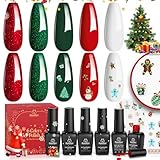 Beetles Gel Nail Polish Set, Christmas Holiday Collection Glitter Burgandy Red Green Gel Polish Kit Soak Off UV LED Gel Nail Kit Manicure Gift with Nail Strengthener Gel and Christmas Stickers