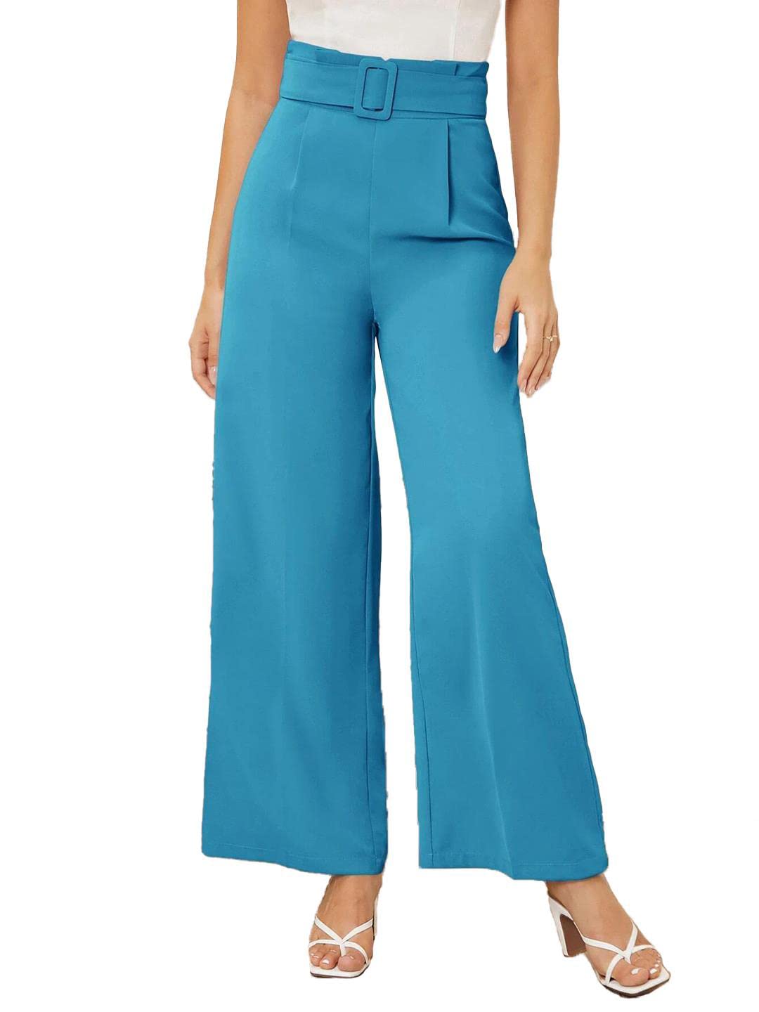 KOTTY Womens High Rise Viscose Rayon Flared Fit Solid Trousers Sky Blue (B0C1ZGS1BP) Amazon Price History, Amazon Price Tracker
