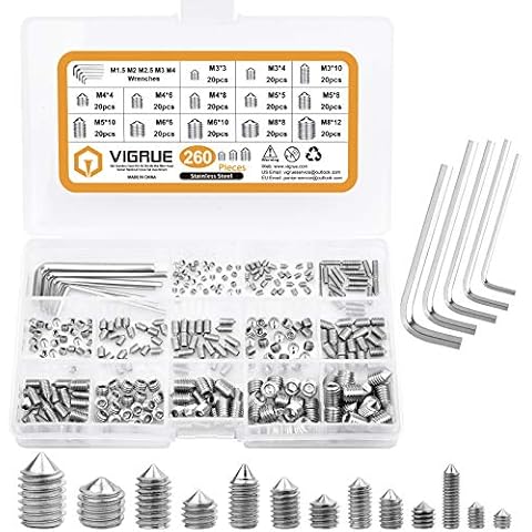 VIGRUE 260 Stück Madenschraube Kegelspitze Hex Madenschrauben Sortiment M3 M4 M5 M6 M8 Edelstahl Einschraubmuffen Sortiment Befestigungsteile Kits Cover