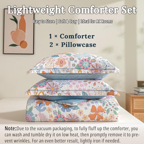 ALEISSEL Blue Floral Cotton Comforter Queen Size - Vibrant Artistic Blooms & Boho Geometric Patterns, White & Soft Blue, 3PC Lightweight Bedding Sets with Down Alternative Fill(90"×90") by ALEISSEL - Used condition - Image 7