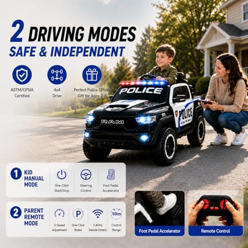 Image of 24V Licensed Dodge RAM Police Ride On Truck, 4WD Quad Motor Kids Electric Car with Parent Remote Control, 2-Seater Safe Ride On Vehicle, Bluetooth Music Emergency Light, Birthday Gift for 3-8