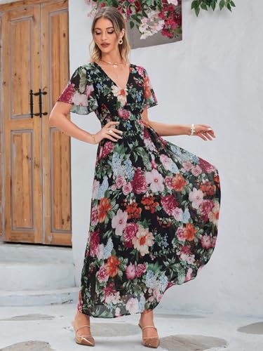 Image of Simplee Women's Boho Floral Maxi Dress Flowy Casual V Neck Short Sleeve Wedding Guest Holiday Beach Long Dress