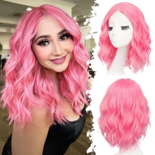 Image of Eawwii Wigs for Women Pink,Short Wavy Synthetic Lace Wig | Glueless 4x1 Lace Hairline, Heat-Resistant Fiber,Bob Wave Style,Natural Appearance for Everyday Cosplay 14 Inch