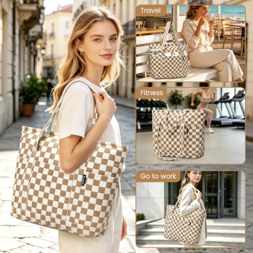 Image of Large Canvas Tote Bag for Women, Beach Bag with Zipper, Utility Tote Bag with 3 Front Pockets, Weekender Pool Bag