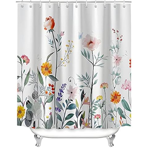 Lerores Duschvorhang 180x200 Antischimmel Textil Shower Curtains, Blumen Wasserdicht, Gewichteter Saum, Waschbar Polyester Stoff Badevorhang Cover