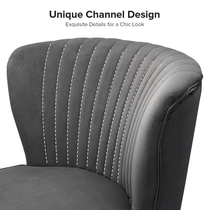 Image of Modern Upholstered Accent Velvet Chair Single Seater Channel Tufted Wing Back Chair with Golden Matel Legs for Living Room, Bedroom, Dining Room, Grey