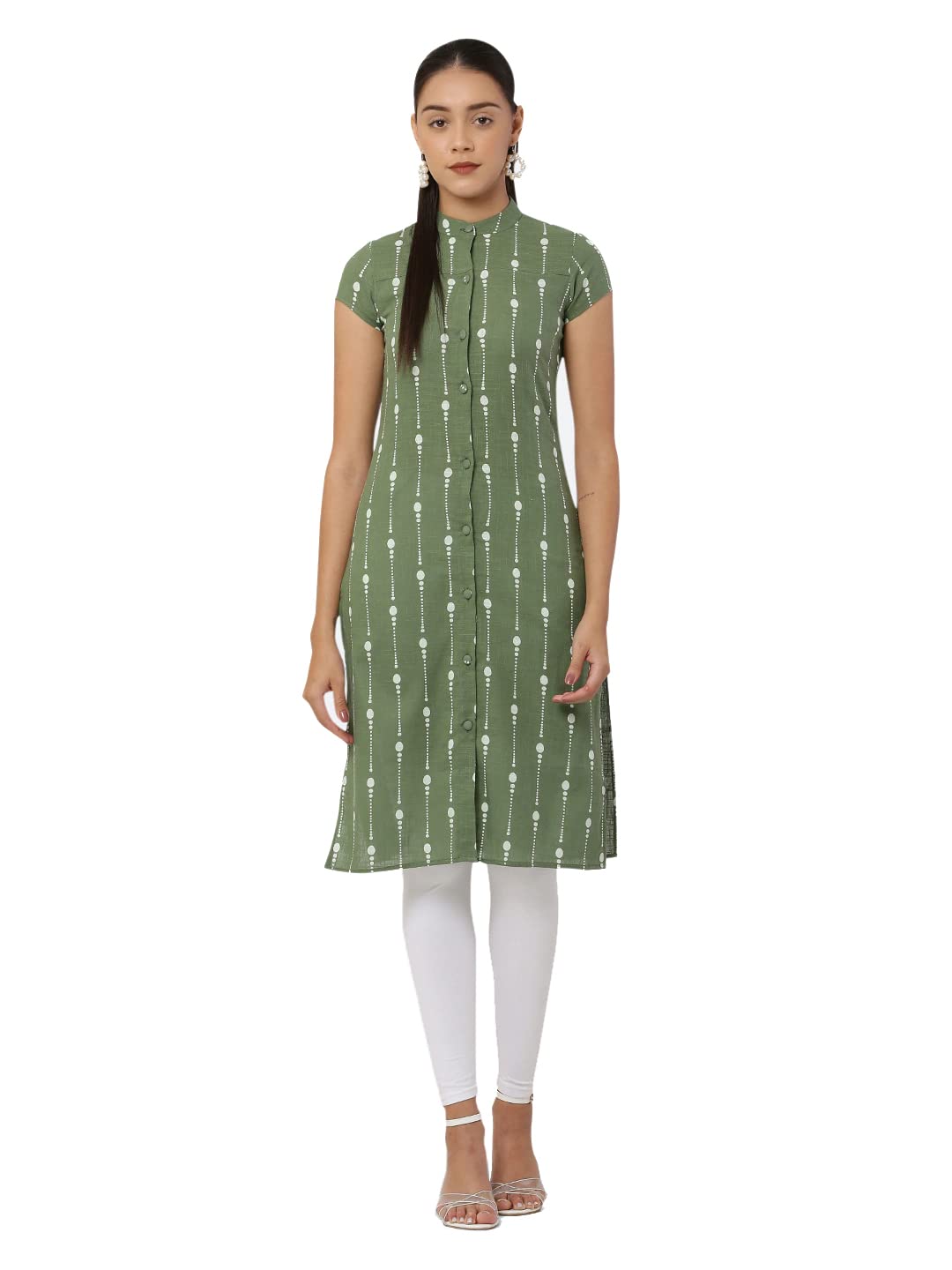 See Designs Women Green & White Khari Print Cape Sleeve Straight Kurta - Sd1601L