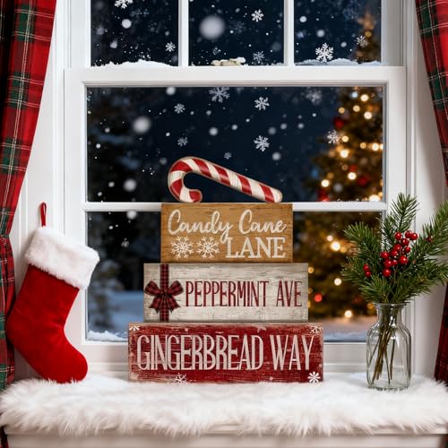 Image of Moucuny 4 Pcs Christmas Table Decor Wooden Candy Cane Decoration Christmas Centerpiece Winter Tiered Tray Decor Red and White Stripes Candy Cane Block Signs Gift Farmhouse Xmas Decoration for Kitchen