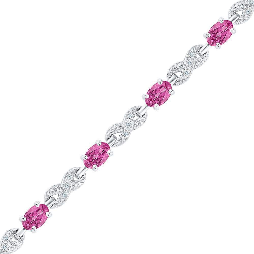The Diamond Deal Sterling Silver Womens Oval Lab-Created Pink Sapphire Fashion Bracelet 5-1/3 Cttw