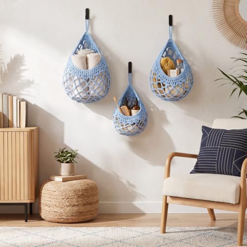 Image of Honeydak 3 Hanging Baskets, Light Blue, Crochet, Cotton Rope