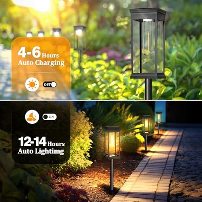 8 Pack Solar Pathway Lights, IP65 Waterproof Solar Stake Lights with Auto On/Off, Warm White LED for Garden, Yard, Driveway, Walkway, Patio - Outdoor Landscape Lighting