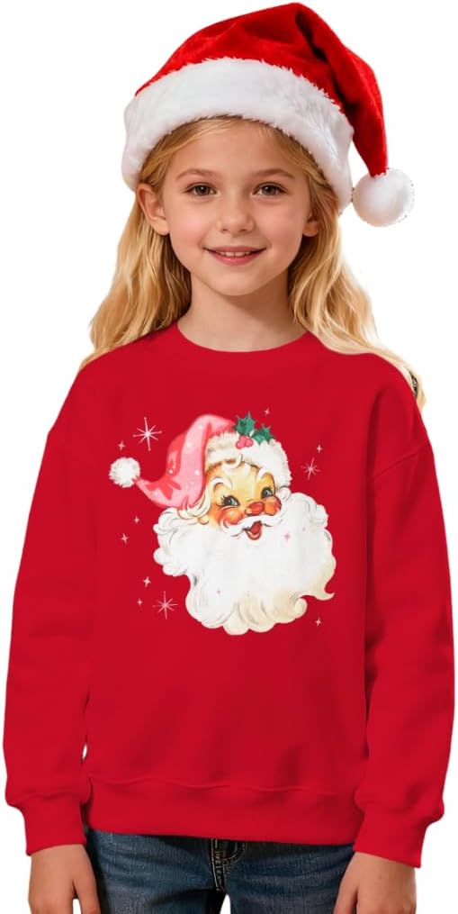 KEKEMI Christmas Sweatshirts for Girls Cute Santa Claus Hat Pullover Shirt Retro Xmas Long Sleeve Holiday Tops Winter Clothes