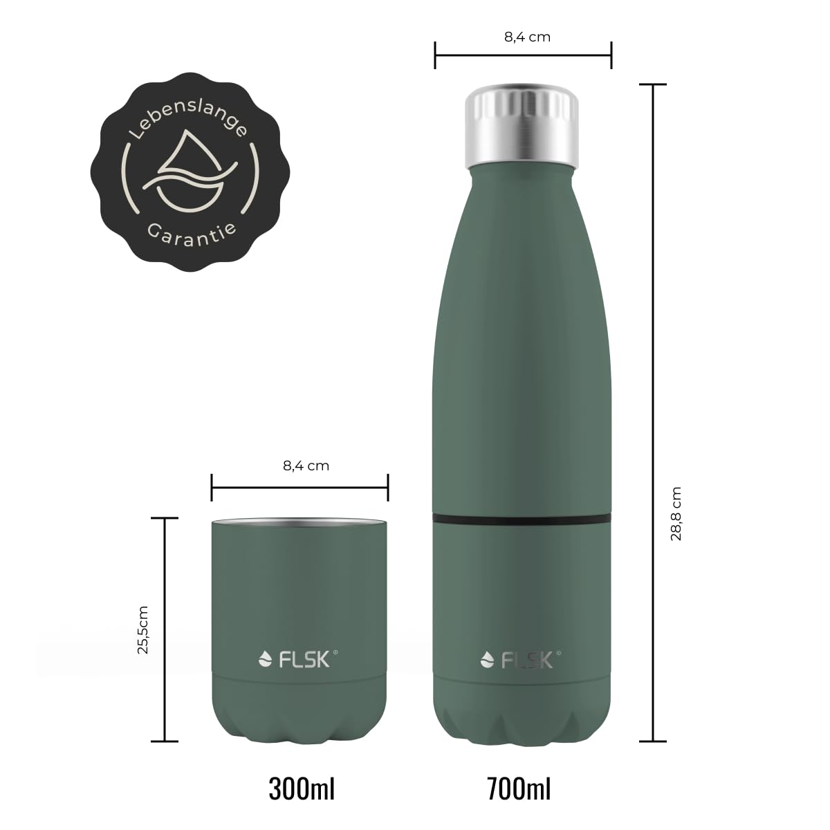 FLSK Trinkflasche mit Becher – Premium Edelstahl Thermosflasche mit 2-in-1-System – 100 % auslaufsicher & kohlensäuregeeignet – hält 24 h kalt & 18 h heiß – BPA-frei (ridge green)
