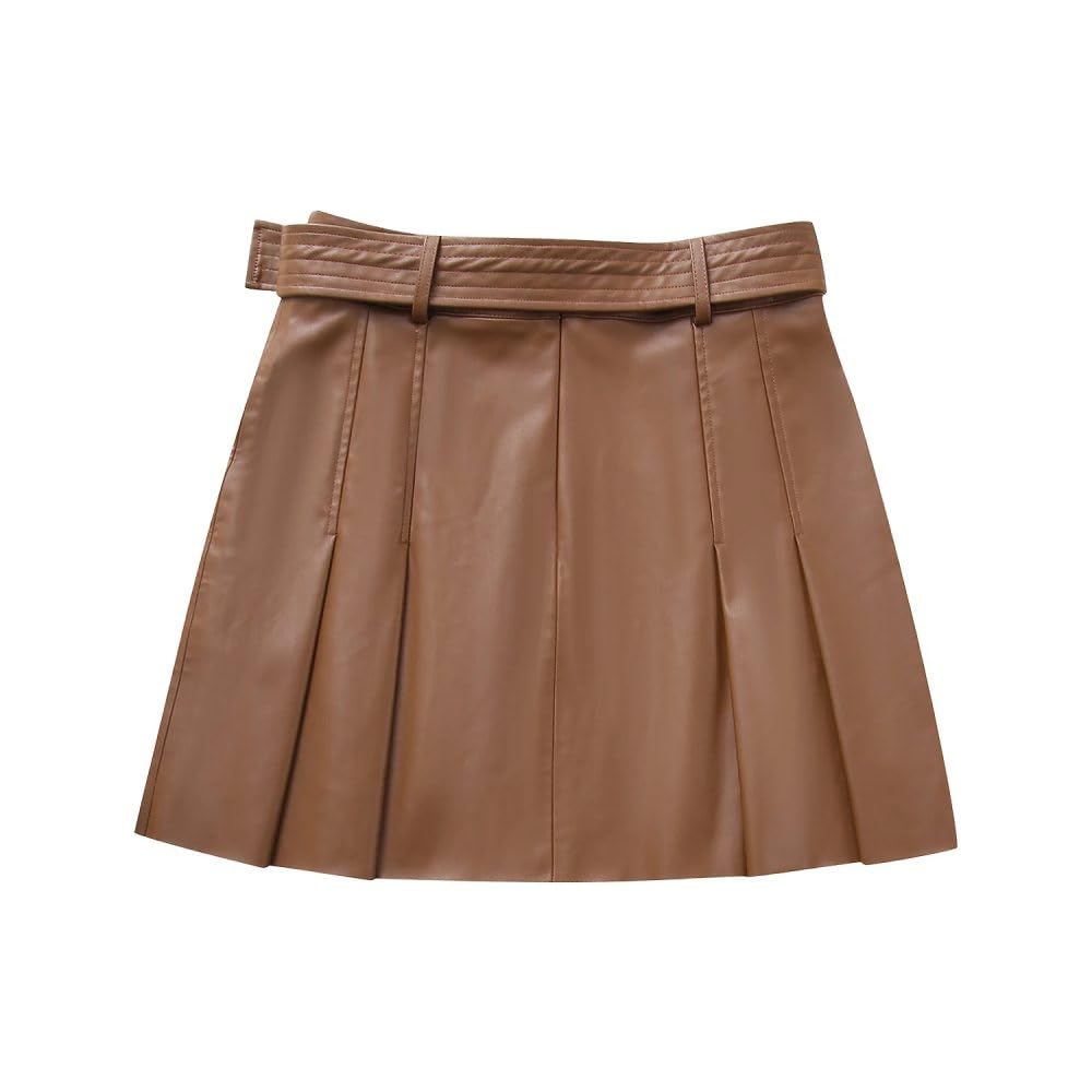 Kurzröcke für Frauen - Frauen Mode Herbst/Winter Leder Falten Minirock Frauen Vintage Belt hohe Taille Vielseitige weibliche Rock