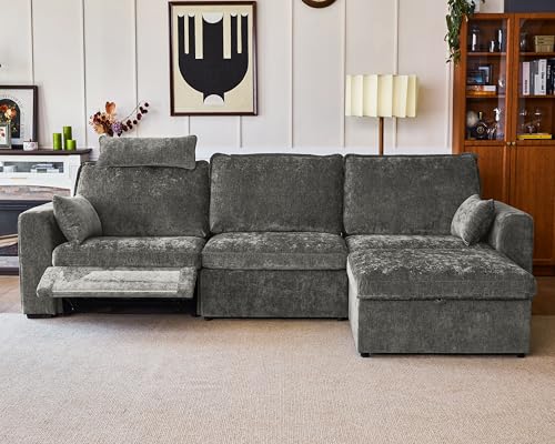 Image of 124.8'' Oversized Power Recliner Sofa with Headrest, Extra Wide Modular Cloud Sectional Reclining Couch, Convertible 4-Seater with Storage Ottoman for Home Theater Living Room, Chenille, Grey