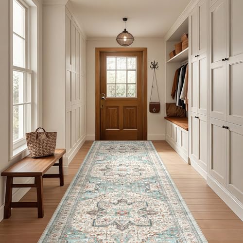 Tortania Area Rug 3x16 Runner Rugs - Washable Vintage Oriental Farmhouse Thin Indoor Carpet for Living Room Bedroom Hallway Entryway Kitchen Under Dining Table Home Office - Aqua Multi