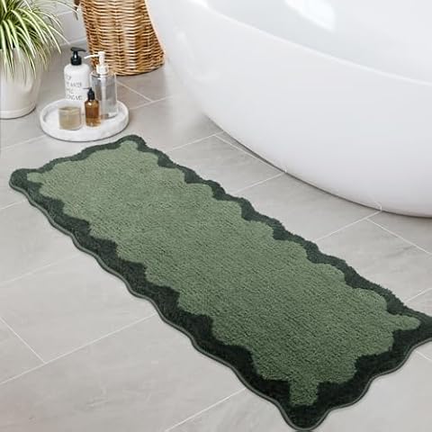Uphome Bathroom Rug Runner, Green Long Irregular Shaped Bathroom Rug Absorbent Non Slip, 18x47 Soft Cute Machine Washable Shaggy Microfiber Bath Mat for Floor, Tub, Shower Cover
