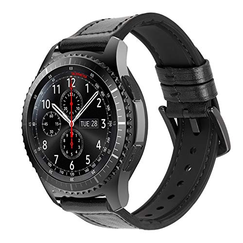 iBazal 22mm Armband Leder Hybrid Gummi Silikon Ersatz für Samsung Gear S3 Frontier/Classic SM-R760/770,Galaxy 46mm SM-R805/800,Huawei GT/2 Classic/Honor Magic,Ticwatch Pro,Moto 360 2nd Gen 46 -Schwarz