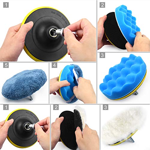 Poliwell 6 Inch Wool Polishing Pad Kit, 4Pcs Woolen Waxing Wheels, 2Pcs Soft Sponge Buffing Pads, 2Pcs Car Polishing Bonnets With M14 Drill Adapter, Total 10 Pack #TOP3