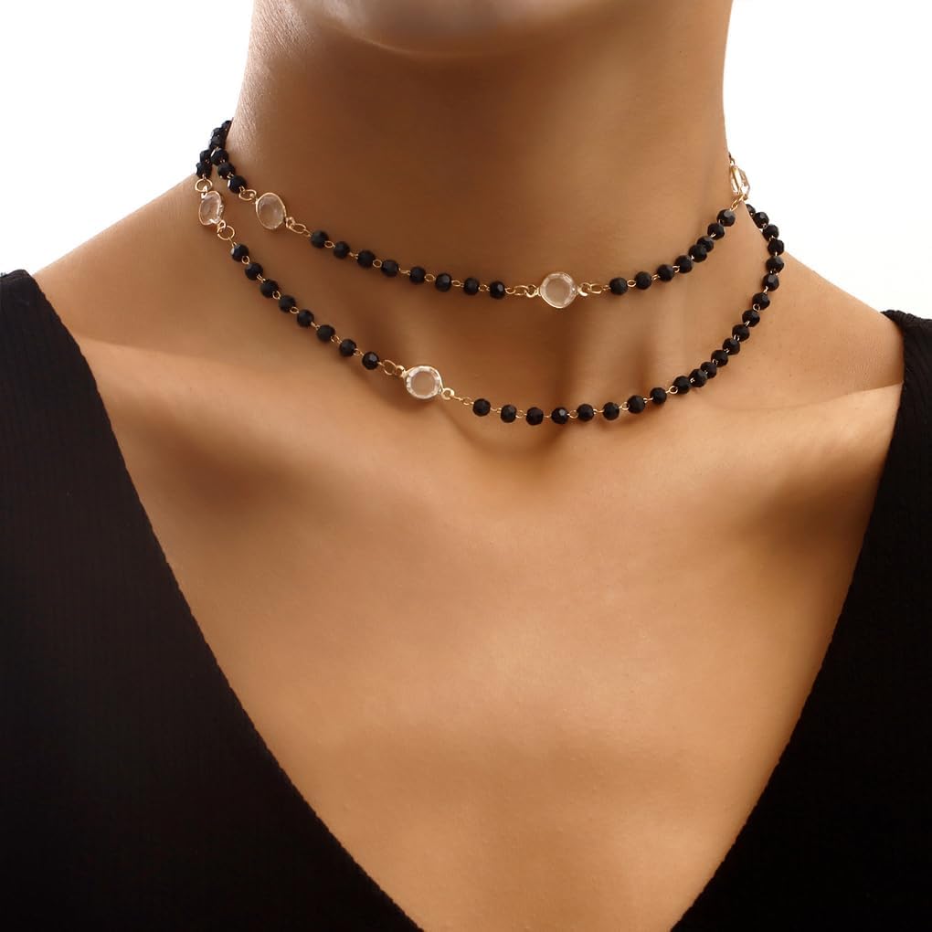 GIGB PBDK Black Double Layer Crystal Bead Choker Necklace, Gold Thin Chain Adjustable Short Collar Necklace, Trendy Dainty Simple Jewelry Gift for Women - Image 3