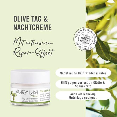 ARYA LAYA Olive Tag & Nachtpflege, 50 ml – Gesichtscreme mit intensivem Repair-Effekt, zur Belebung müder Haut, wirkt Verlust von Glätte & Spannkraft entgegen, Radikalfänger, vegan
