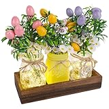 DR.DUDU Easter Decorations for Home, Easter Table Centerpiece with Egg Picks in Glass Vases, Wood Tray & Led Lights with Timer, Spring Decor for Home, Set of 3
