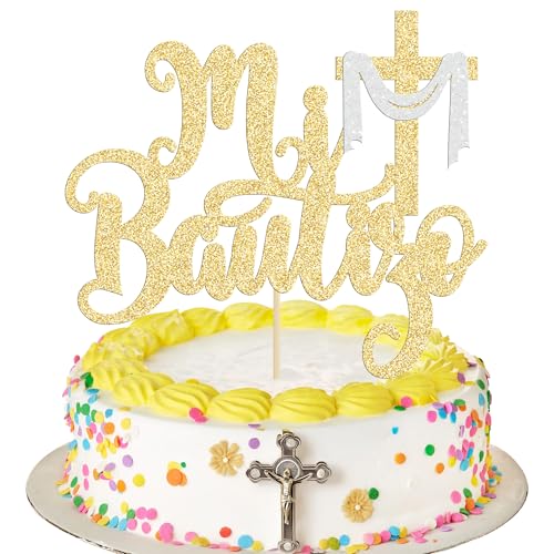 Ephlyn 1Pcs Spanish Mi Bautizo Cake Topper Glitter Cross First Holy Communion Baptism Cake Pick Religious God Bless Baptism Cake Decoration for Baby Shower Birthday Party Supplies Gold