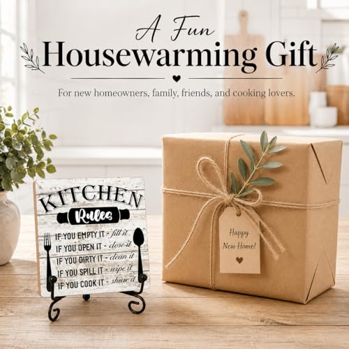 Image of Rustic Wood Plaque with Stand - Kitchen Decor - Kitchen Rules Wood Sign - Idea Wooden Decor for Home Living Room Dining Room Shelf Table Decoration (31)