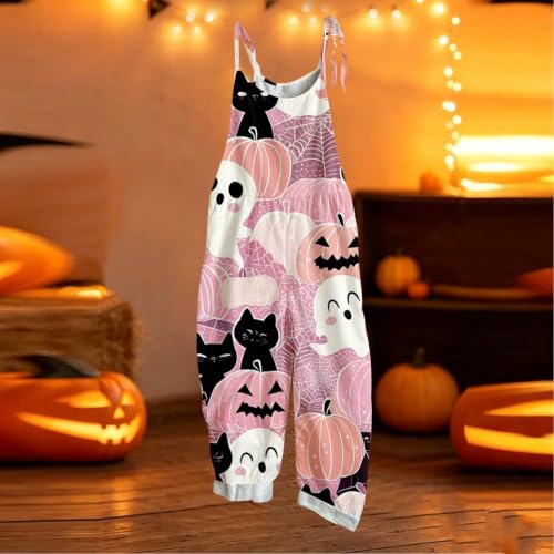 Qaezyco Halloween Jumpsuit Women,Halloween Jumpsuit Women One Piece Sleeveless Wide Leg Cat Pumpkin Print Overalls Fall Work Party Holiday Rompers(02_Pink,Medium) - image 4