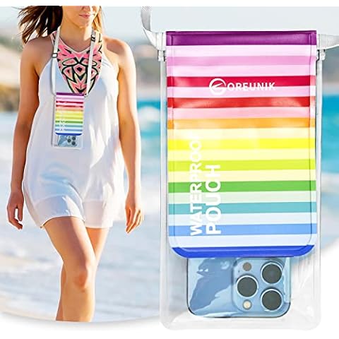 Oreunik Waterproof Phone Pouch, Waterproof Case Dry Bag for iPhone 14/13 Pro MAX Samsung Galaxy S22/S20 Ultra s11/s10 Up to 8 Inches, Screen Touch Sensitivity, 2 Layer Design Pocket (Rainbow) Cover