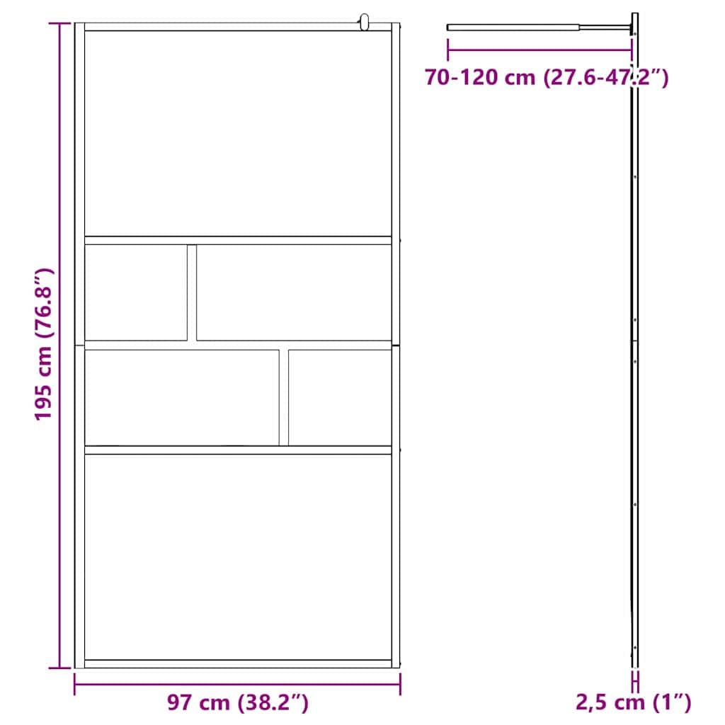 Ścianka prysznicowa Walk-in czarna ze szkła i aluminium 100 x 195 x 0,5 cm, satynowana szklana ścianka z przezroczystą górną i dolną, bez barier, do nowoczesnego prysznica i renowacji