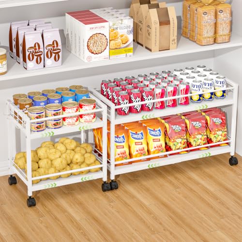 1 Pack 2-Tier Expandable Pantry Floor Organizer Cart Rolling Pantry Storage Cart with Wheel Adjustable Can Organizer for Kitchen Pantry Pantry Shelves and Storage Rack for Snacks Vegetables White