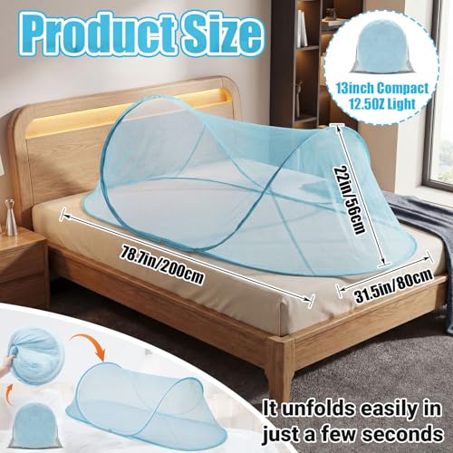 Image of Large Pop up Mosquito Net for Camping Portable Foldable Mosquito Tent Bug Net Bed Travel Patio Outdoor 78 x 31 x 22 Inch Bug Netting Mesh Tent Canopy for Adults Baby Bedroom, Bllue