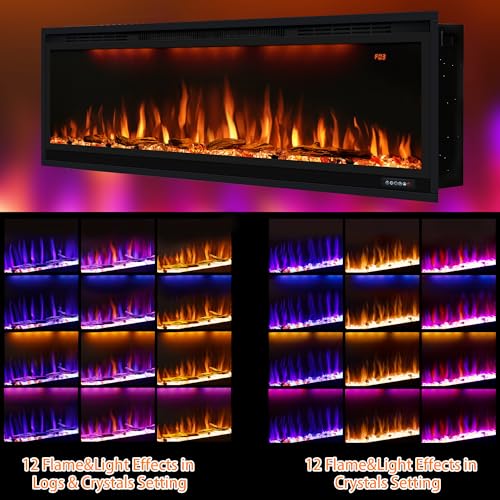 Oxhark Flame Elektrischer Kamin, schmaler Einbaukamin mit Fernbedienung, mehrfarbige Flammeneffekte mit realistischen Holzscheiten, Thermostat mit Timer, 750/1500 W, Schwarz
