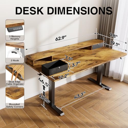 Image of Veken 63x28 in Electric Standing Desk with Drawers, Adjustable Table, Brown | Stand up Computer Desk for Home Office, Work & Study, with Storage, 3 Memory Presets, Cable Organizer, Hook, and Quiet Lift.