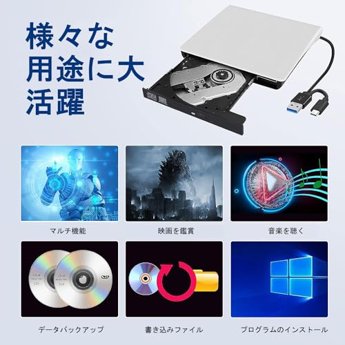 Antonioya 外付け DVDドライブ USB 3.0 type-c 外付CD・DVDドライブ CD/DVDプレーヤー 外付け光学ドライブ PC外付けドライブ ポータブルドライブ CD/DVDドライブ ノートパソコン CD/DVD読取・書込 DVD±RW CD-RW USB3.0/2.0 Window/Mac OS両対応 高速 静音 超スリム 薄型 コンパクト (ホワイトtype-c) AK3-AK1 の商品画像 4