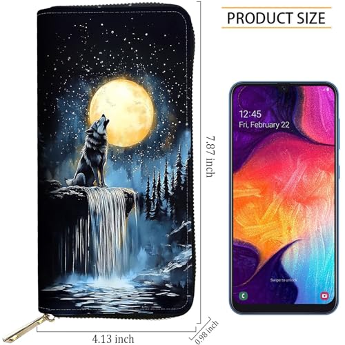 Image of RFID Blocking Leather Wallet for Women - Large Capacity Zip Around Clutch with 8 Card Slots,34 Cash Pockets & Coin Zipper,Wolf and Moon