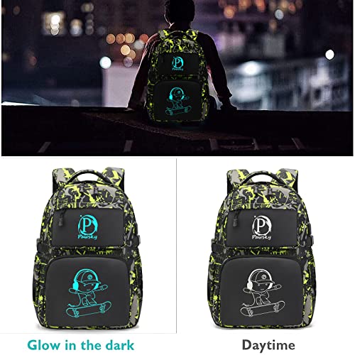 Pawsky Skateboard Anime Luminous Backpack School Backpack With Usb Charging Port For Teen Boys, College School Bookbag Lightweight Laptop Bag With Sling Bag Set, Green #TOP1
