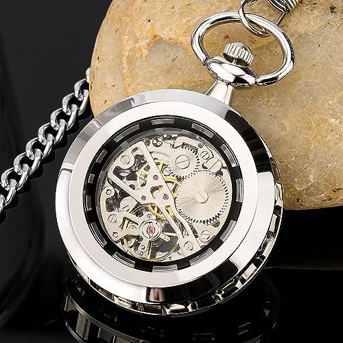Whodoit Silvery Steel Roman Numerals Pocket Watch Mechanical for Men, Antique Mechanical Pocket Watches with Chain and Box-Silvery, MW168, 时尚
