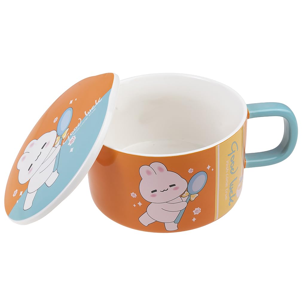 lachineuse - Ciotola per spaghetti istantanei - Ciotola per Ramen asiatica - Porcellana - Motivo coniglio - 1000 ml - Con coperchio e posate - Colazione, Zuppa, Riso - Idea regalo Asia Giappone Cina -