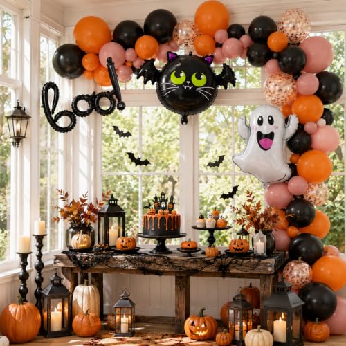 Image of Halloween Balloon Arch Kit, Halloween Dusty Pink Orange Black BOO Balloons