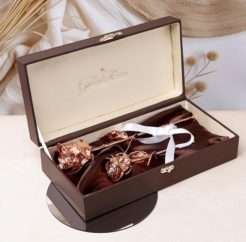Image of 24K Rose Gold Dipped Handmade Rose with Gift Box, Antique Shiny & Real Preserved Flower for Women Ideal for Birthday, Anniversary, Fathers Day and Easter's Gift (Rose Gold, Combo 7 Inch & 11 Inch)