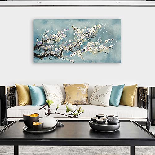 Flowers Wall Art Plum Blossom Canvas Art Botanical Floral Canvas Pictures Grey Blue Canvas Artwork For Bedroom Living Room Bathroom Kitchen Office Home Wall Decor Framed Ready To Hang 20" X 40" #TOP1