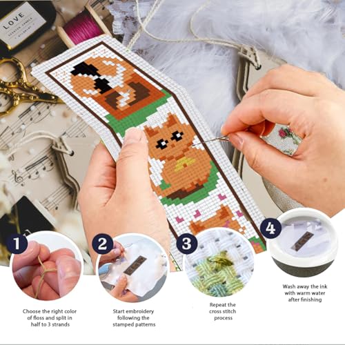 Image of INFUNLY 6 Set Cat Cross Stitch Bookmark Kits Carton Kitten DIY Cross Stitch Kit for Beginners Black Cat Stamped Embroidery Bookmark Kit with Backing Felt Floss Instruction for Starters Book Lovers